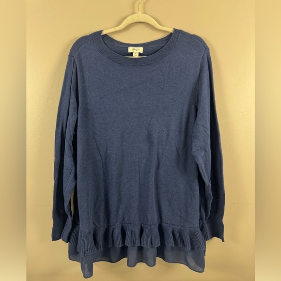 Style & Co navy blue ruffled chiffon hem size 2x light weight knit long sleeve - Picture 7 of 8